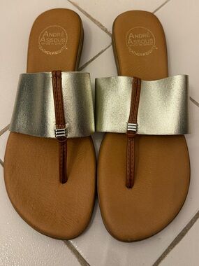 ANDRÉ ASSOUS Women’s Nice Featherweights Platino Metallic Thong Sandals Size 9M